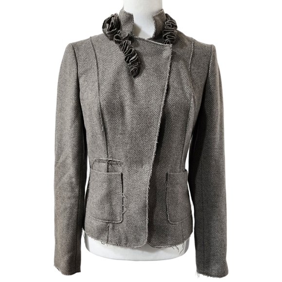 Banana Republic Wool Blend Brown Herringbone Applique Raw Seam Snap Blazer - Picture 1 of 10